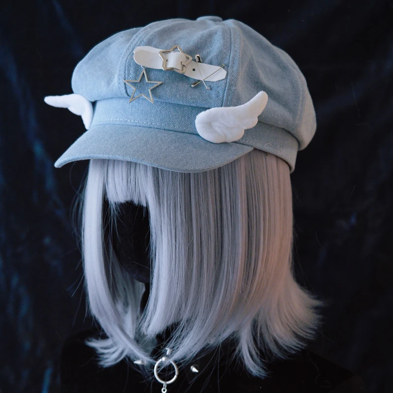 Fashion wing denim Beret Y2k Lolita Hat JK Hats Girl Beret Cute PU Chain Kawaii Hat for Women