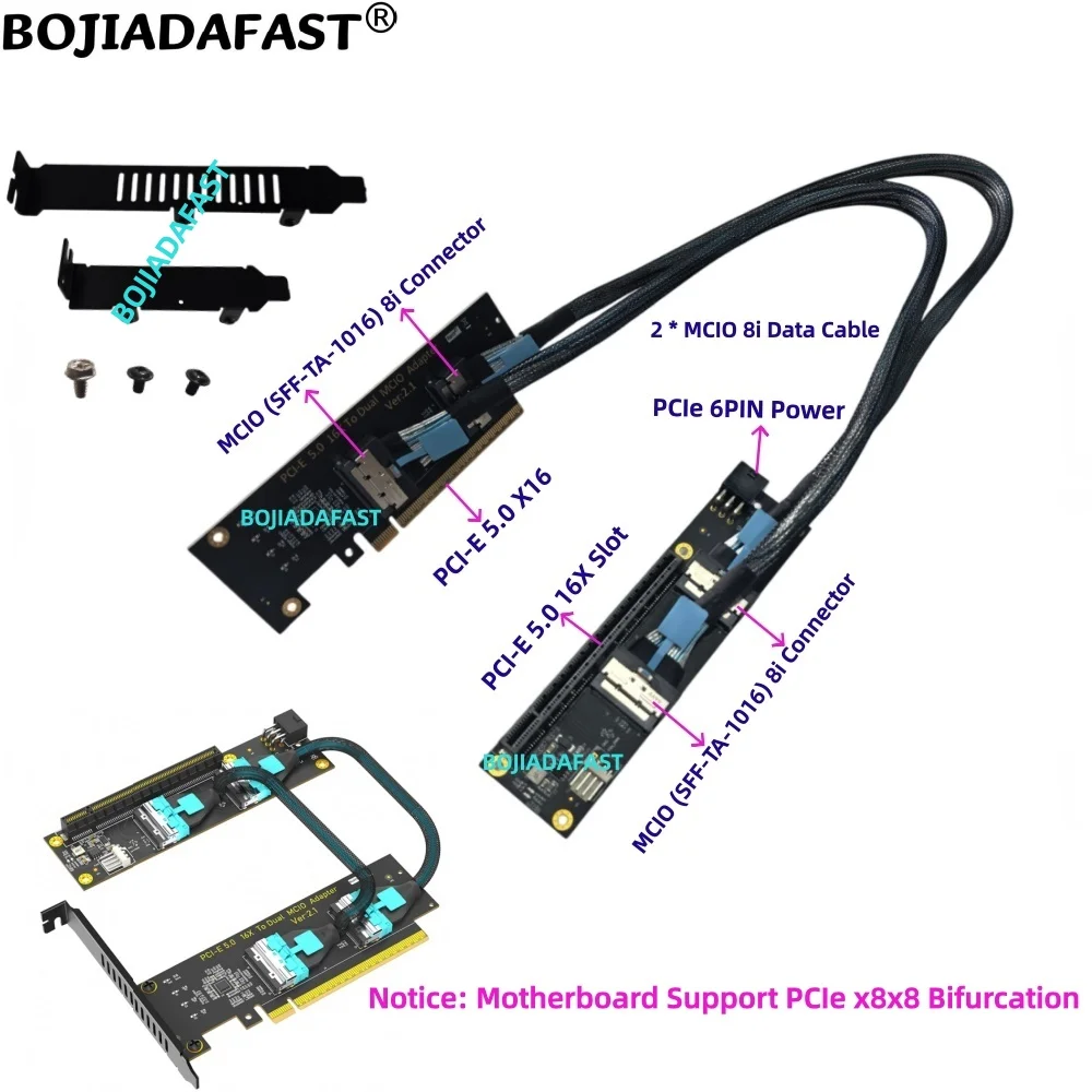 PCI-E 5.0 PCIe 16X to X16 Graphics Card GPU Riser Adapter Expansion Card Dual MCIO 8i  Extension Cable GEN5 With ATX 6Pin Power