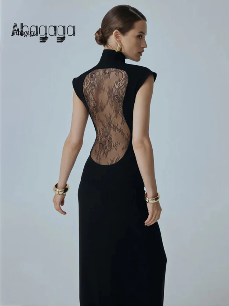 

Ahagaga Fashion Sexy Women's Maxi Dresses Turtleneck Short Sleeves Hollow Out Lace Patchwork Sheath Split Party Solid Vestidos