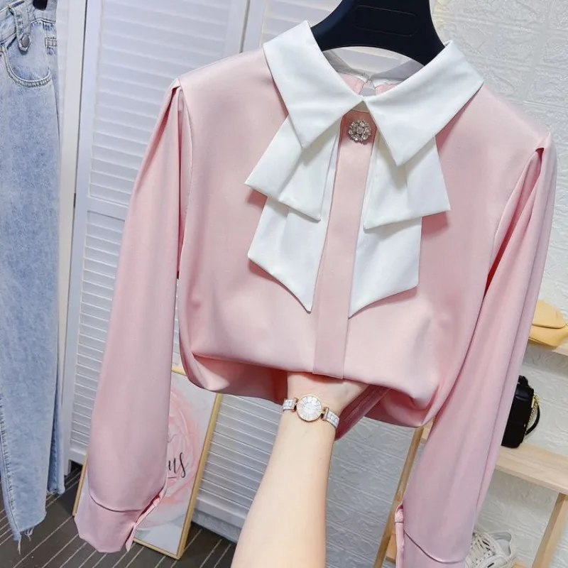 

Women's Contrast Color Peter Pan Collar Blouses Spring Autumn New Fashion Loose Sweet Diamonds Long Sleeve Ruched Pullover Shirt