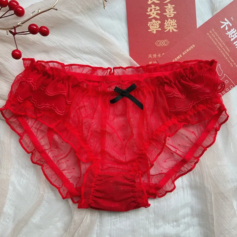 Red Bow Wave Point Perspective Ladies Underwear Sexy Lace Mid-waist Girl Lolita New Women\'s  Fungus Edge  Panties Loli Mini