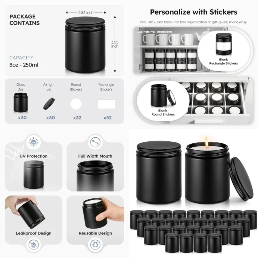 

Black Glass Jars with Lids, Pack Candle Jars with Blank Labels, 250g Wide Mouth Lotion Container for Sample, Cream, Lotion, Hon