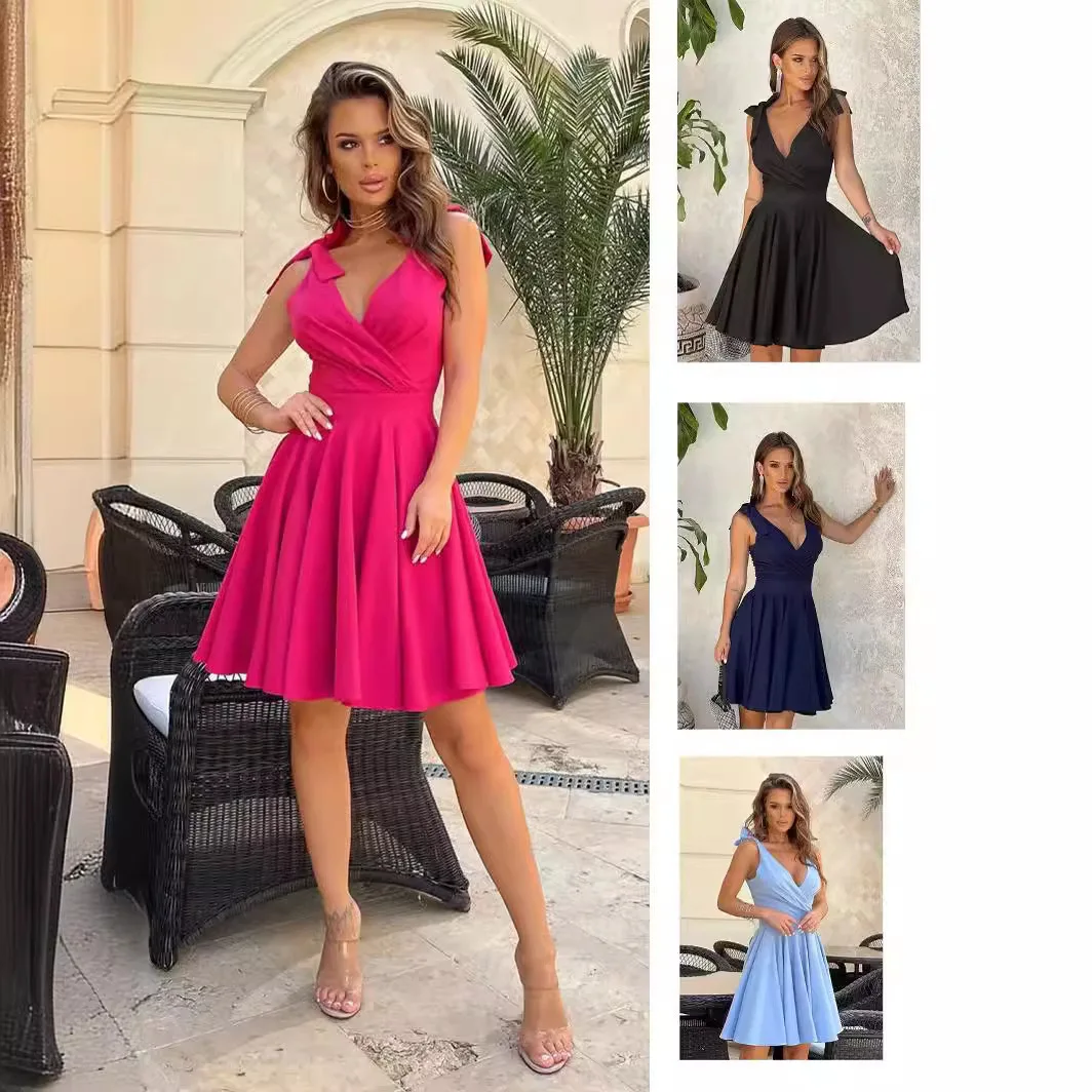 

BKLD 2024 Women Clothing Summer New Fashion Bow Spaghetti Strap Evening Dress V-Neck Sexy High Waist Short Dresses Solid Color