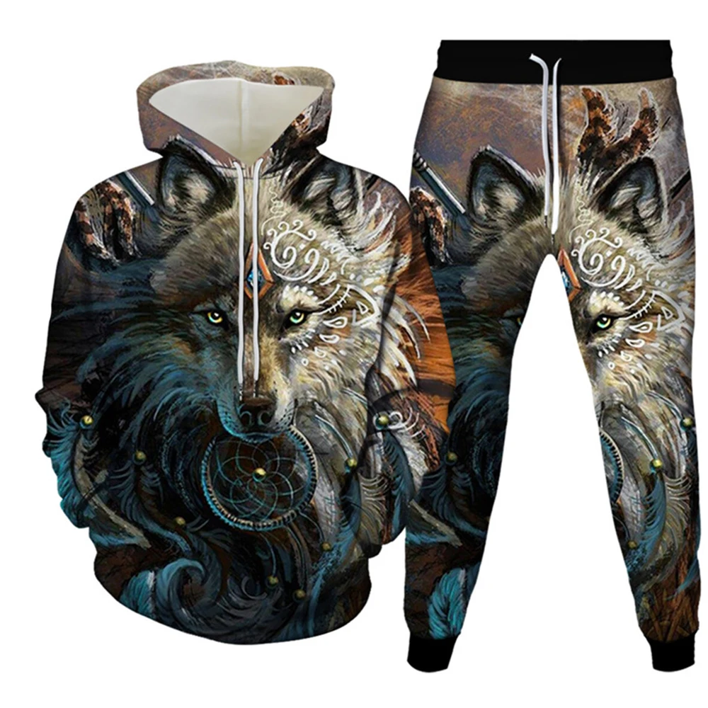 Men\'s Animal 3d Print Tracksuit Sets Casual Hoodie and Pants 2pcs Sets Oversized Sweatshirt Fashion Pullover Men Clothing