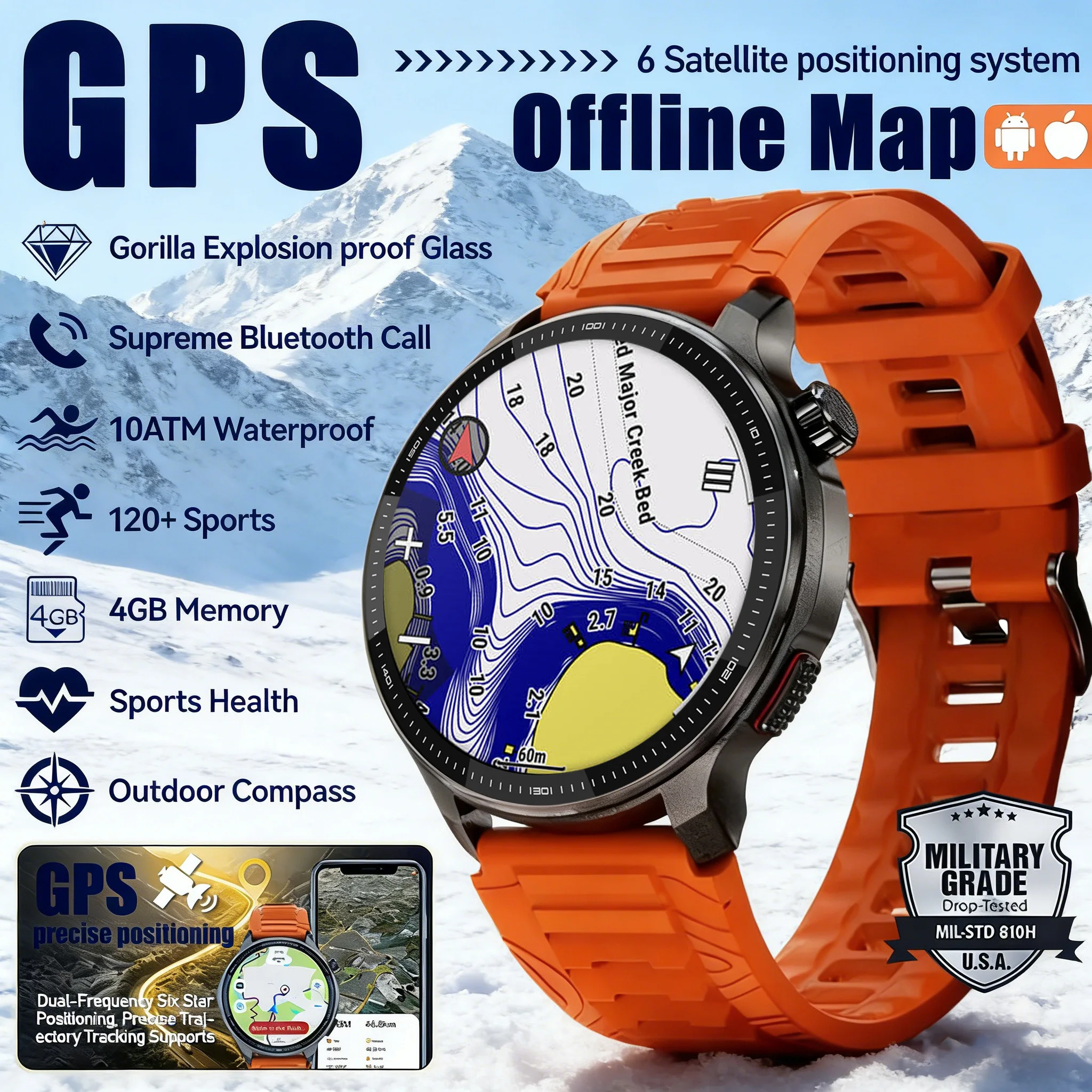 

MPS 4GB Memory Durable Adult Smart Watch GPS Offline Map 10ATM Waterproof Bluetooth Call Compass 170+ Sports Smart Watches man