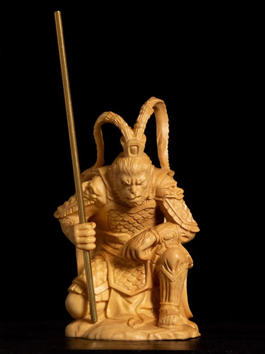 

Huangyang wood carving, solid wood, Sun Wukong figurine, Qi Tian Da Sheng handicraft, living room ornament