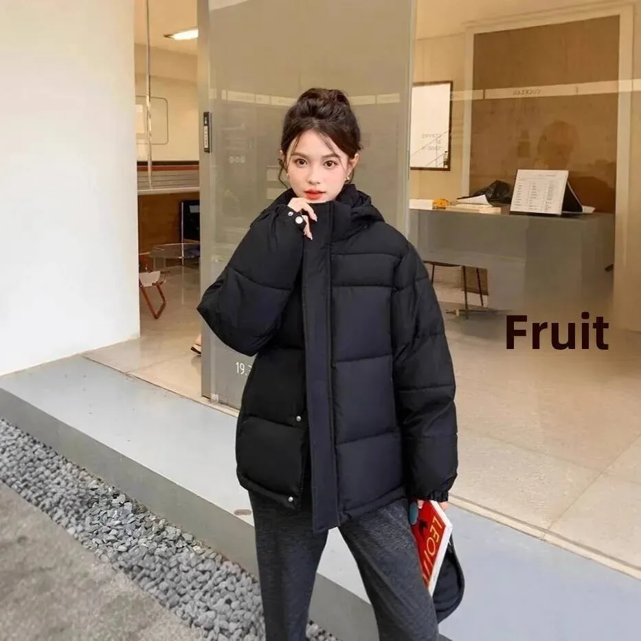 Women's Short Hooded Down Cotton Jacket Thick Winter Coat Long Sleeve Bread Style Clothes Korean Loose Fit Small Size
