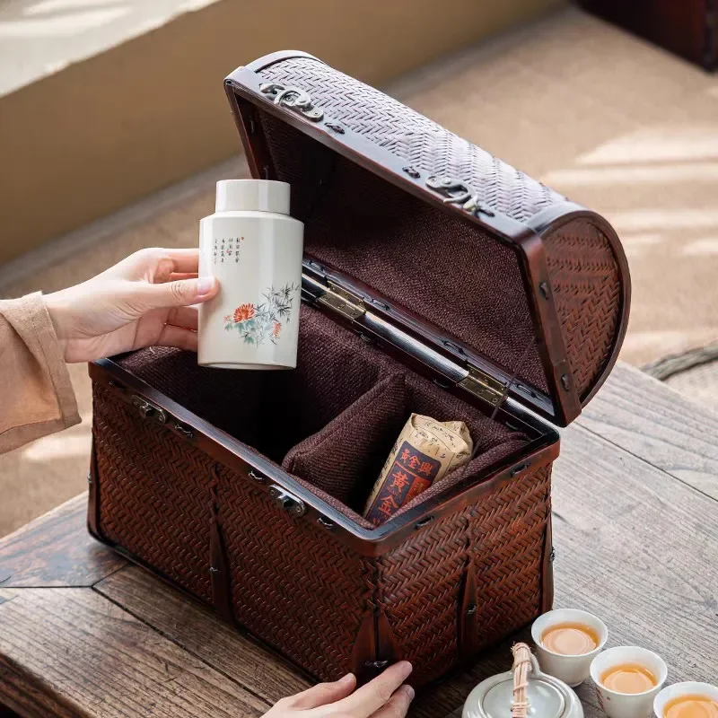 Handmade Bamboo Woven Tea Storage Box Large Lacquer Finish Retro Chinese Style Portable Bag for Outdoor Travel Traditional