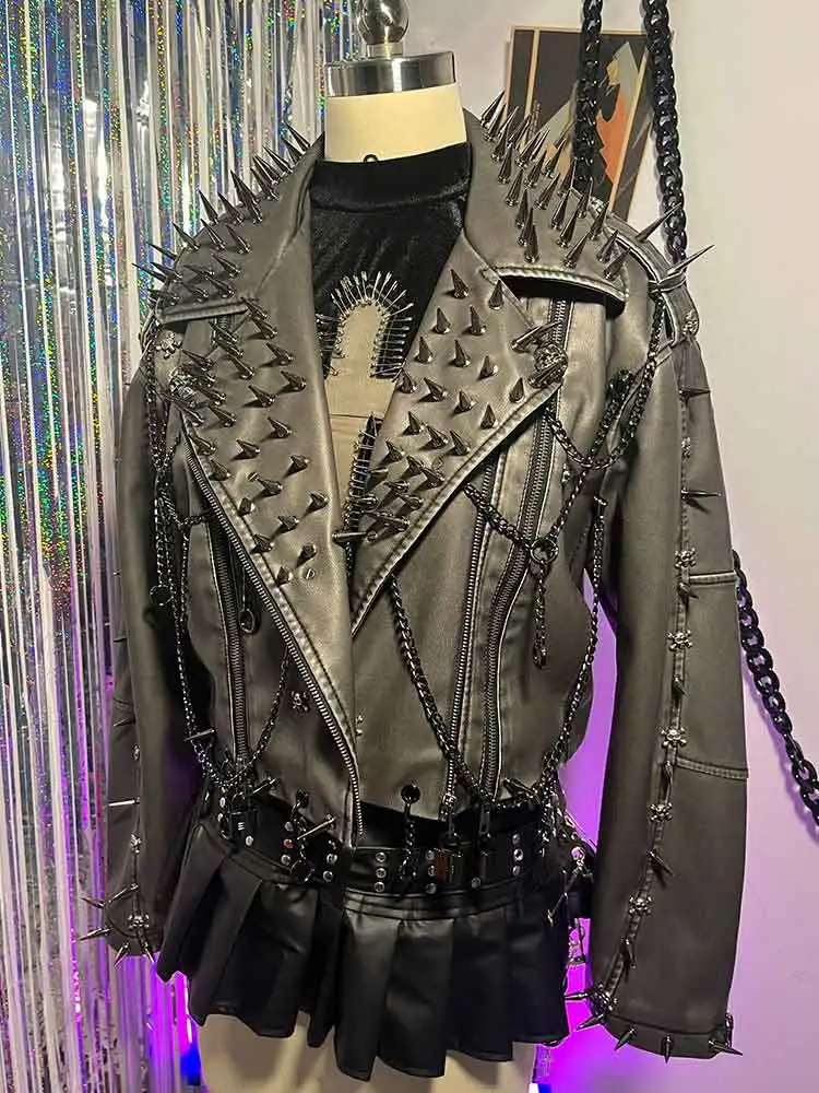 Goth chaîne manteau Grunge Harajuku Vintage à la mode e-girls Y2K veste en cuir PU Punk Rock gothique Emo Spike clouté Rivet