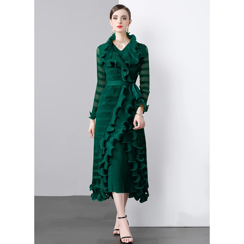 Fish silk thread wave edge length jacket+V-neck A-line skirt two-piece set HJW98280148