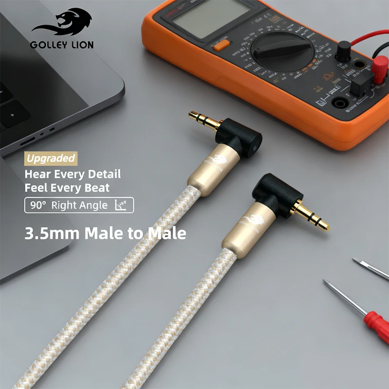 GOLLEY LION 3.5mm Male to Male Audio Cable 90° Right Angle Upgraded Nylon Braided HiFi Aux Cord for Phone Car Speaker Laptop