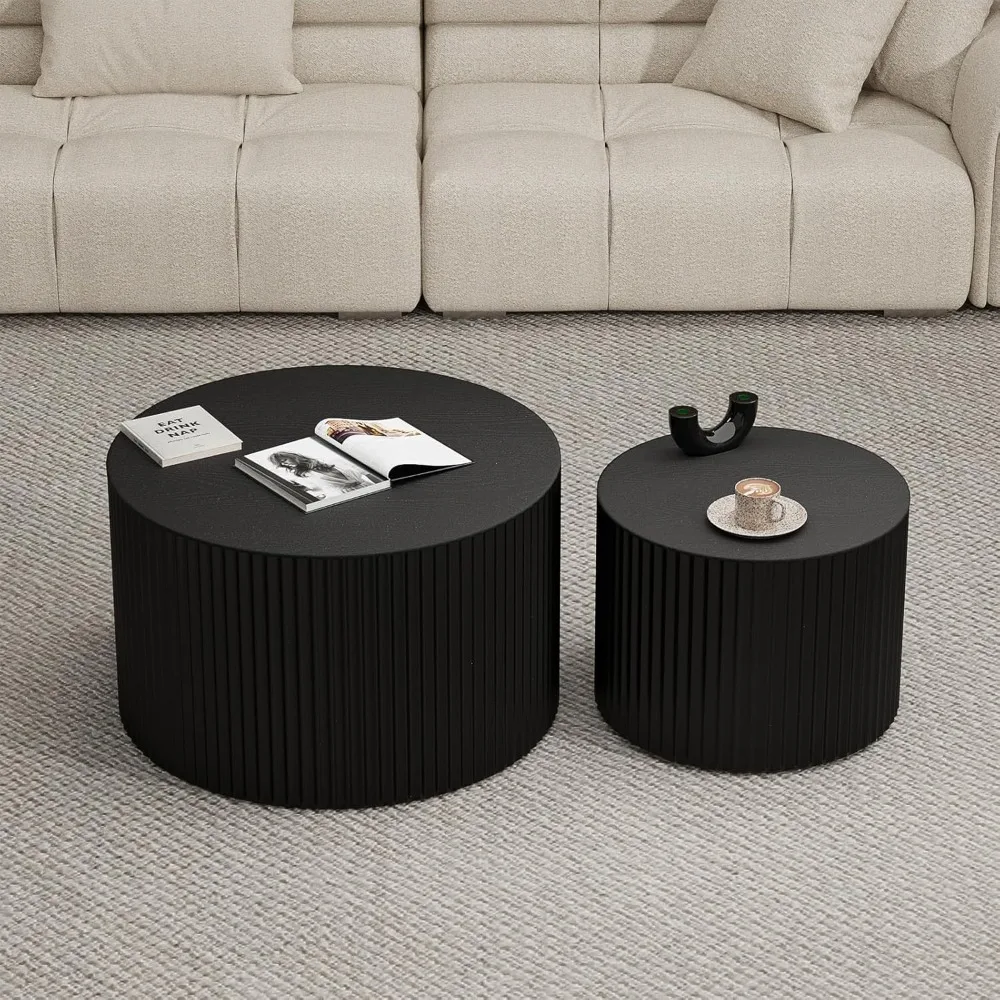 Modern Nesting Coffee Table Set - 2 Piece Circle Wood Table Collection, Handcrafted Drum Style Tables for Living Room