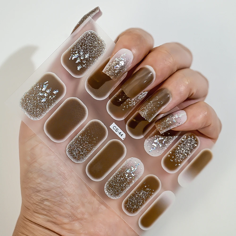 14Tips Flash Sequin Brown Gel Nail Stickers Winter Maillard No Baking Nail Polish Strips DIY Lazy Trend Manicure Gel Nail Decals