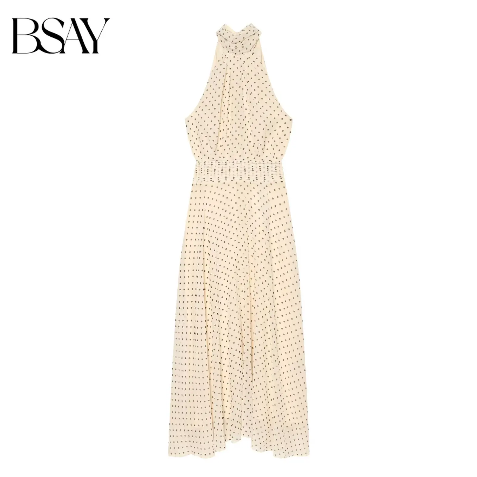 BSAY 2026 Herbst Retro Damen Klassisches Polka-Dot Neckholder-Midikleid Ärmellos mit Geraffter Taille Elegantes Alltagskleid