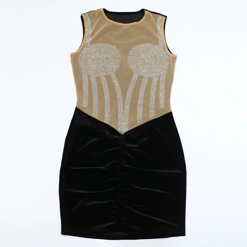 GUWU Abito corto da donna con diamanti caldi, sexy, in maglia trasparente, con giunture in velluto, avvolgente, per feste notturne