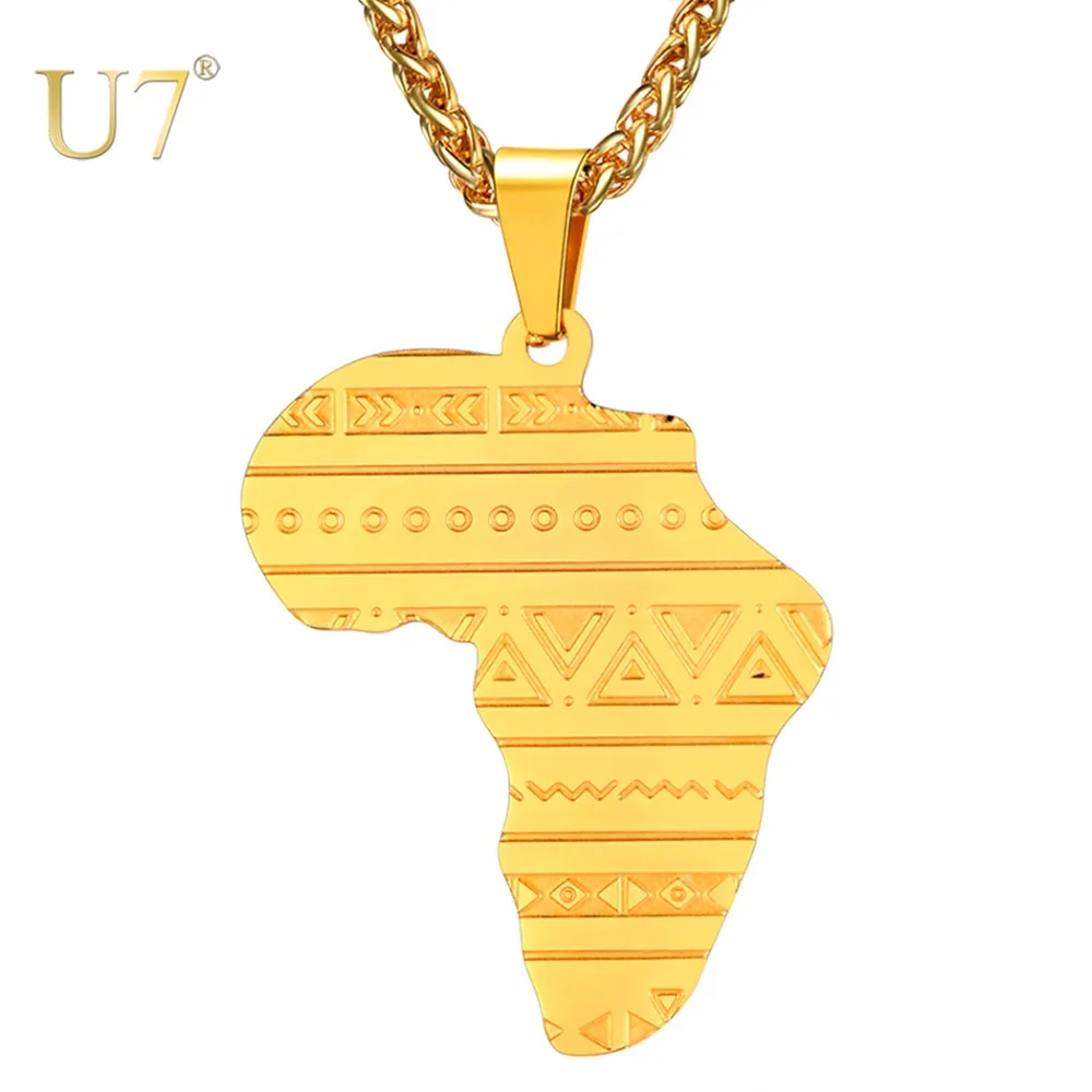 U7 Stainless Steel Map of Africa Necklace with 22inches Link Chain Hip Hop Unisex Jewelry