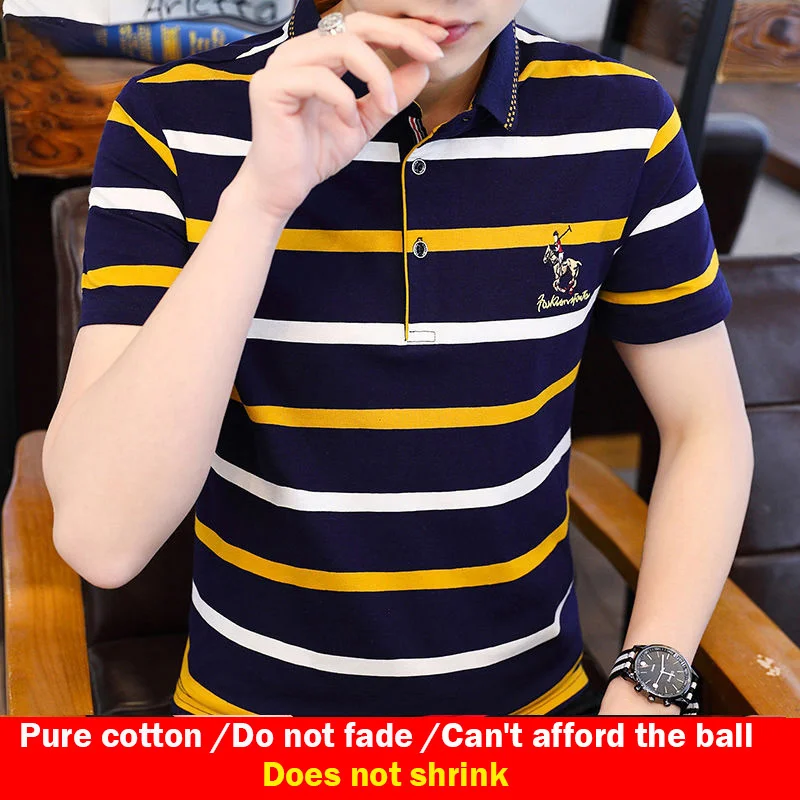 Men's short-sleeved t-shirt pure cotton casual lapel striped polo shirt summer new style Paul top clothes men's clothing