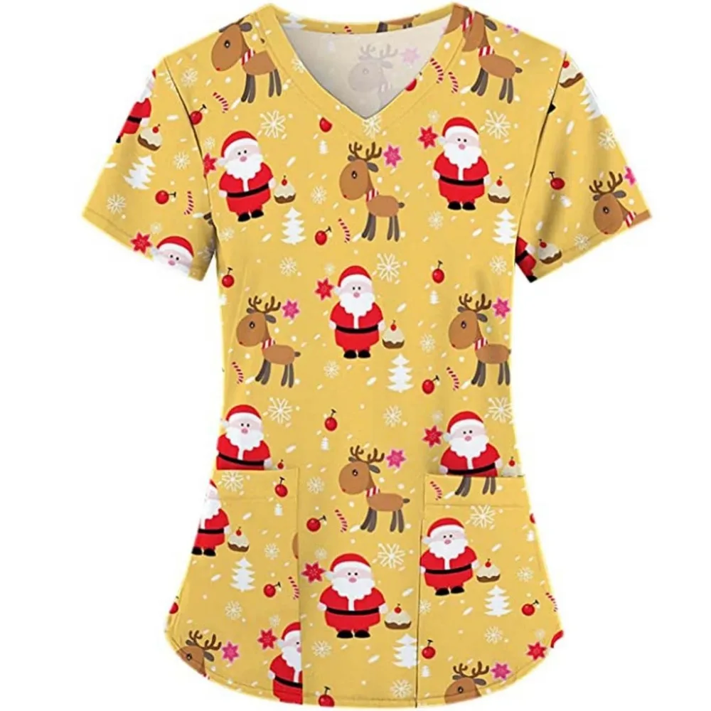 

Uniforms Women Medical Christmas Snowman Pattern Dental Nursing V-Neck Short Sleeve Pocket Santa 3D Print Clinical Uniforms