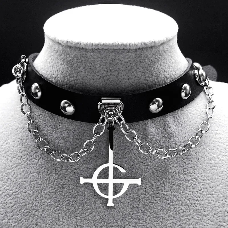 Harajuku Halsband Gothic Satan Inverted Cross Halskette Edelstahl PU Leder Cosplay Anime Halsketten Emo Goth Schmuck N8373 – Detail 11