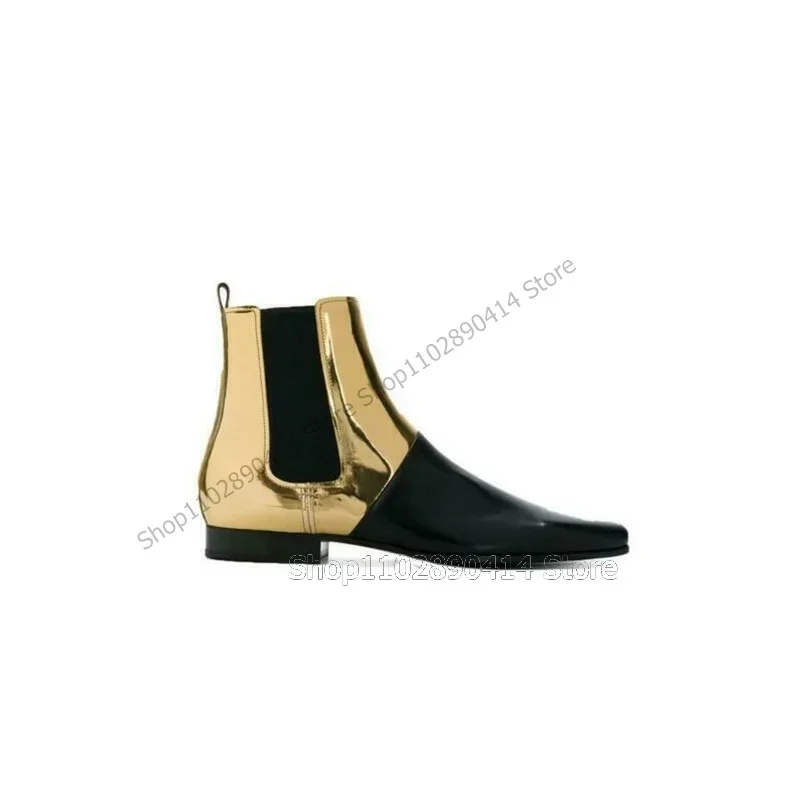 

Gold Patent Leather Splicing Black Leather Ankle Boots Fashion Slip On Men Boots Luxurious Handmade Party Office Men Dress Shoes