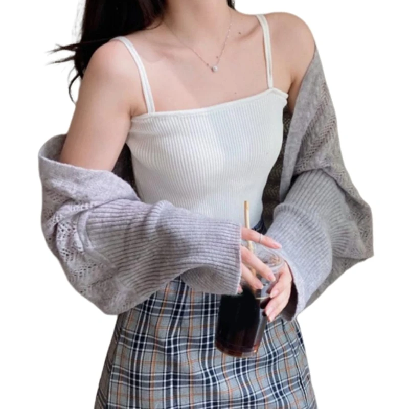 Phụ Nữ Nhún Vai Mùa Hè Dài Tay Crop Cardigans Áo Len Khăn Choàng Ngắn