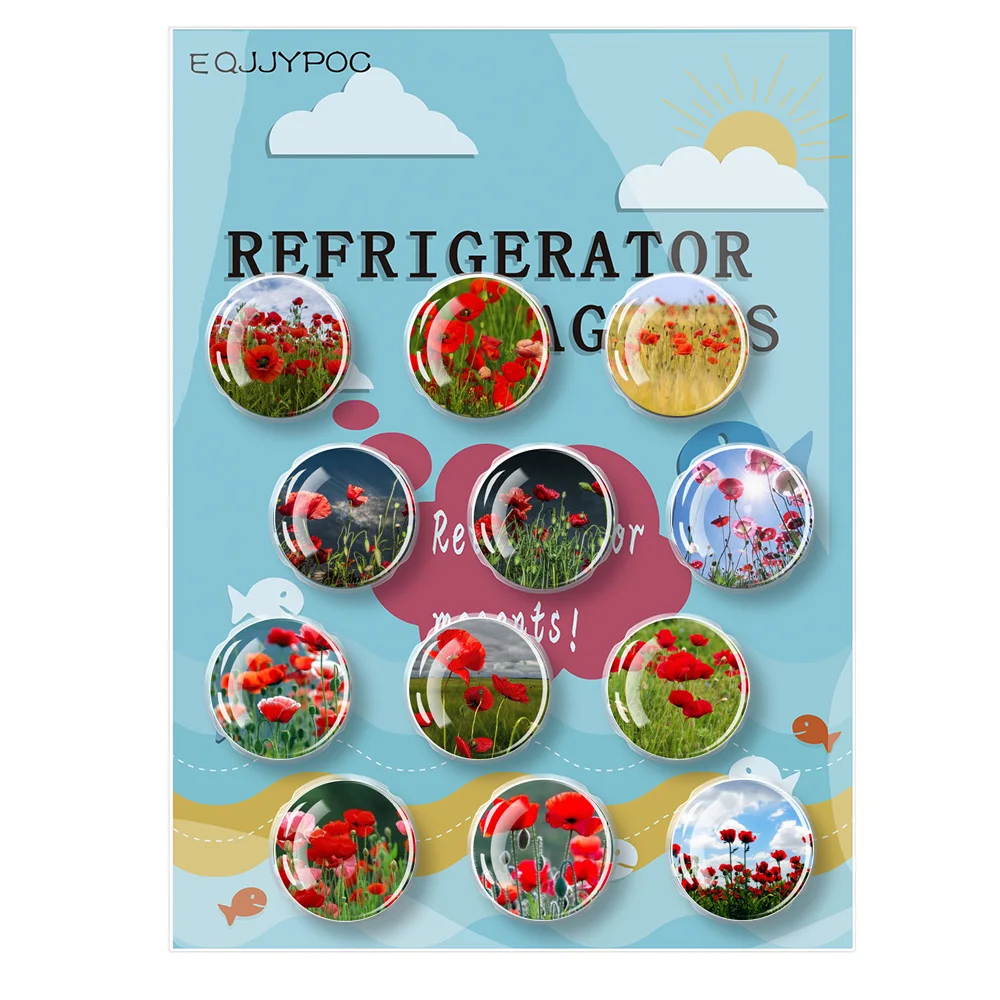 

Poppy Flower Refrigerator Sticker Circular Household Decoration Suction Magnet Office Whiteboard Note Solid 30mm 12Pcs