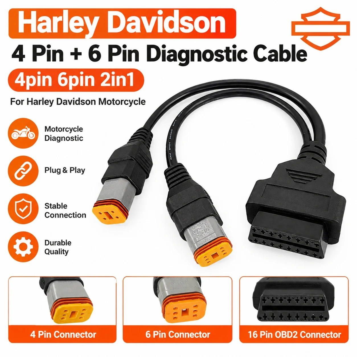 ハーレーダビッドソン製オートバイ用スキャナーに対応した、4ピン、6ピンから16ピンへのobd2診断アダプターケーブル。