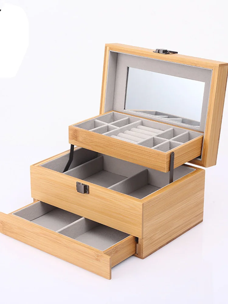 Bamboo Box, Jewelry Box Large Capacity Earrings Ring Necklace Bracelet Jewelry Display Men and Women Watch Jewelry Organizer