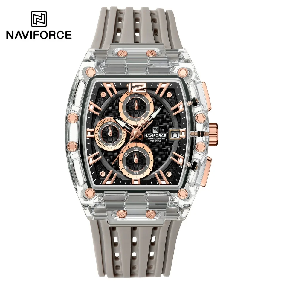 

Новые мужские часы с силиконовым ремешком NAVIFORCE, креативные мужские часы с циферблатом в форме бочонка, кварцевый хронограф, водонепроницаемые наручные часы для мальчиков