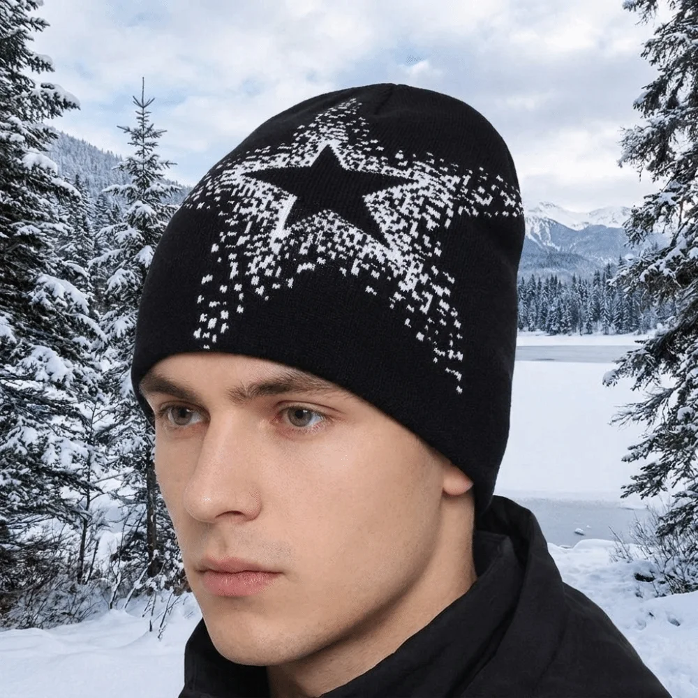 Cool Jacquard Star Knitted Hat Pentagram Warm Pullover Cap Elastic Cashmere Y2k Beanie Hat Outdoor
