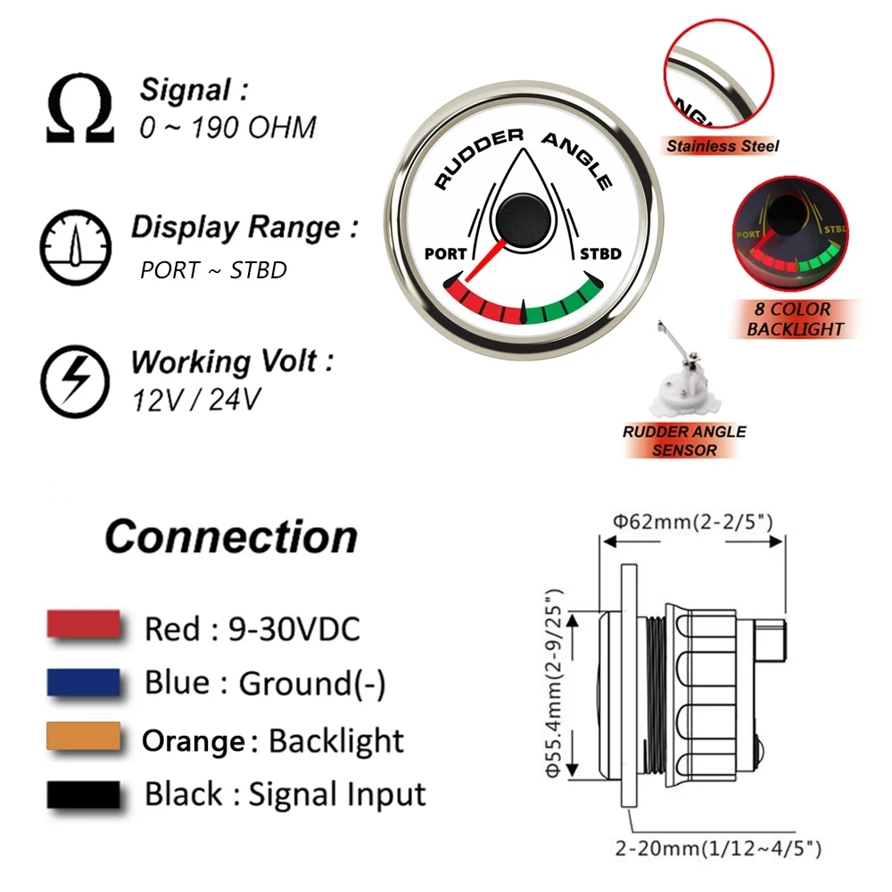 52MM Boat Marine Rudder Angle Indicator 0-190 Ohm with Rudder Angle Sensor 8 Color Backlight 12V/24V C