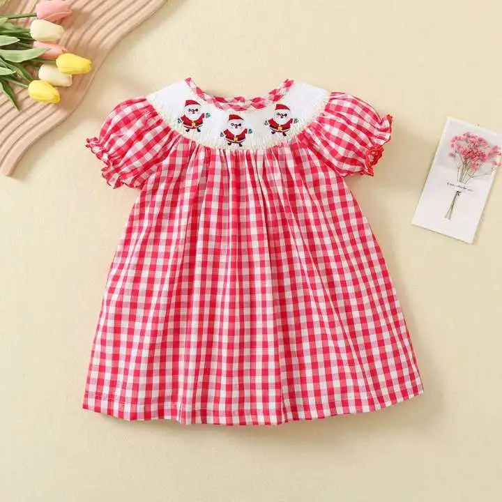 

2023 Christmas Spring Summber Baby Girls Sibling Outfits Smock Boutique Children Clothes Santa Print Smocked Red Lattice Dress