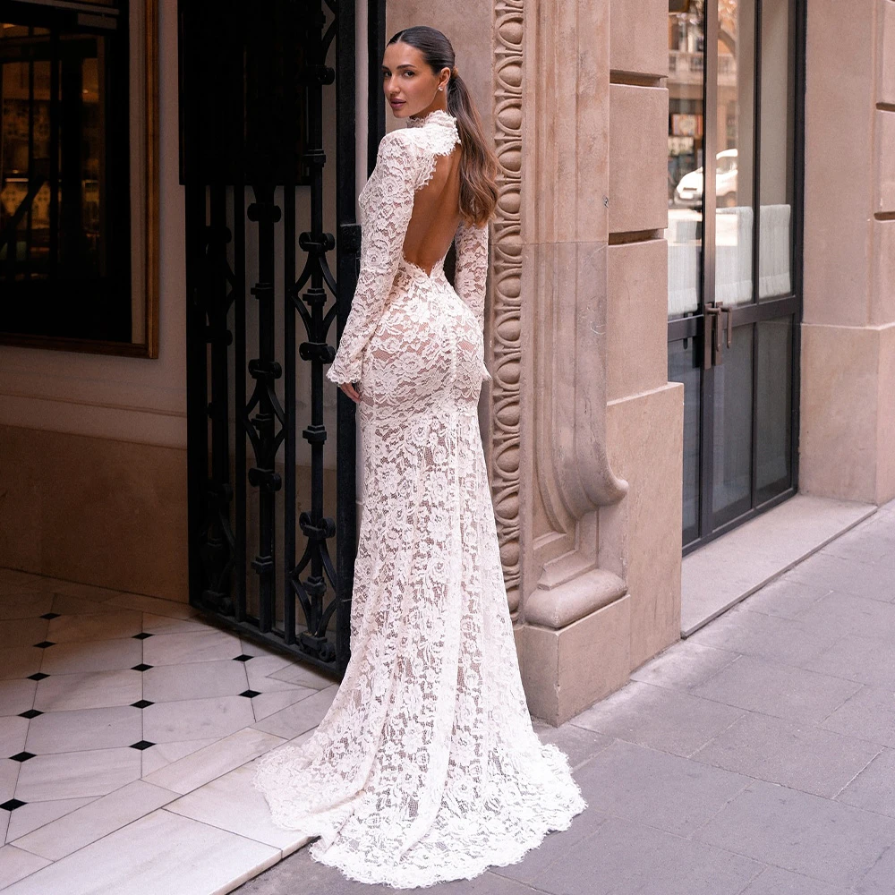 

Customized Elegant White Lace Wedding Dress Formal O-Neck Long Sleeves Bridal Gowns Soft Mermaid Court Train Vestido De Novia