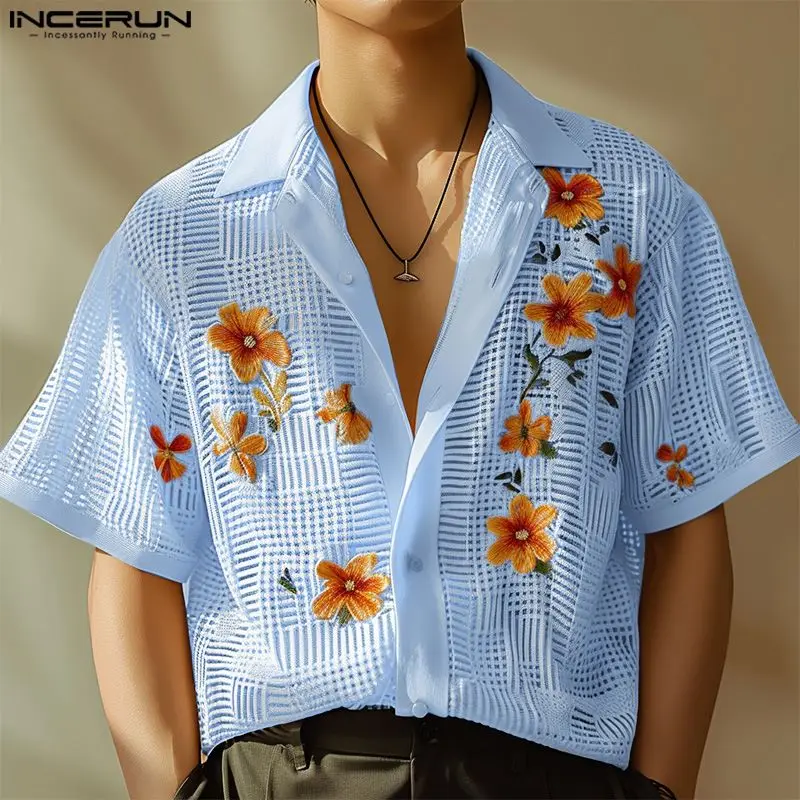 INCERUN Men Shirt Flower Printing Mesh Transparent Lapel Short Sleeve Men Clothing Streetwear Summer 2024 Fashion Male Shirts