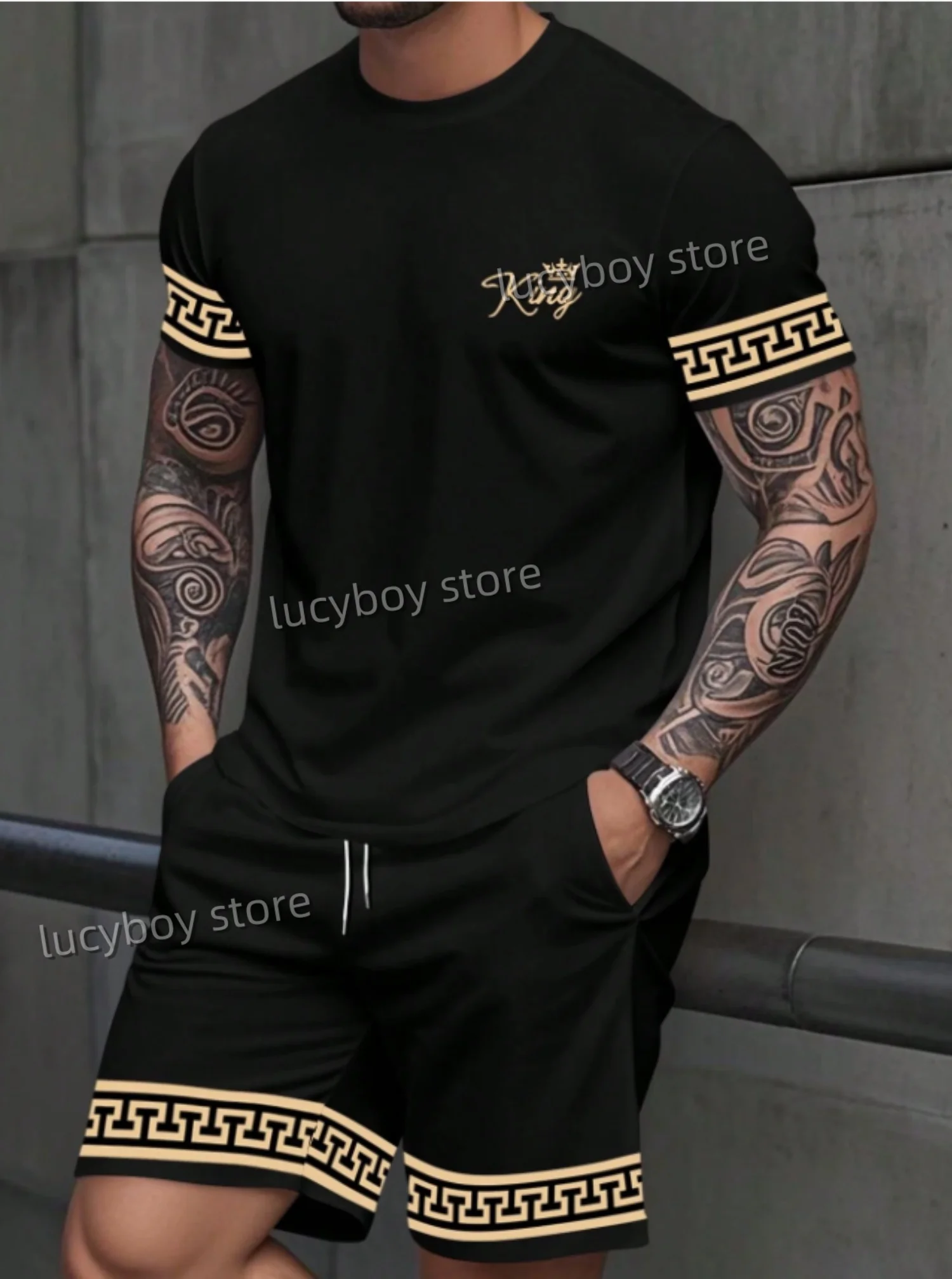 

2025 Summer Vintage Luxury Trend KING Print Men's T-shirt Shorts Set StripedShort Sleeve T-shirts Elastic Waist Shorts Set