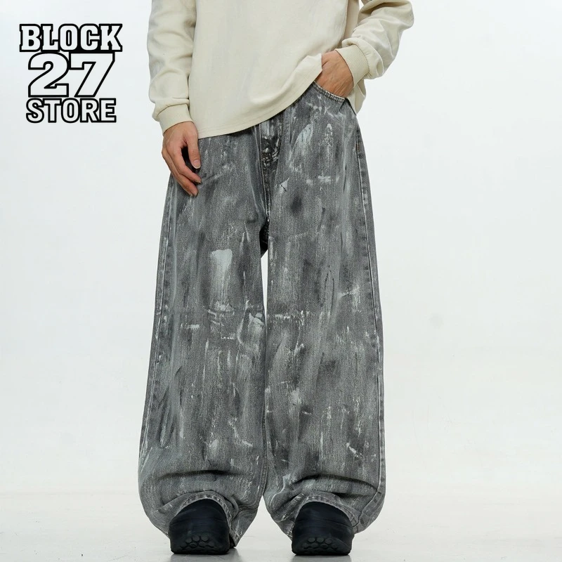 

Mens Jeans Harajuku American Vintage Streetwear Snow Gray Washed Denim Pants Loose Fit Straight Wide Leg Casual Retro Trend New