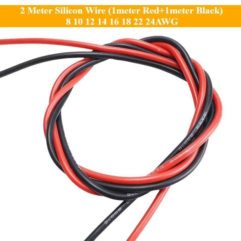 Nuevo Cable de silicona de 2 metros (1 metro rojo + 1 metro negro) 8 10 12 14 16 18 22 24AWG Cable de Gel de sílice de silicona suave resistente al calor Exten