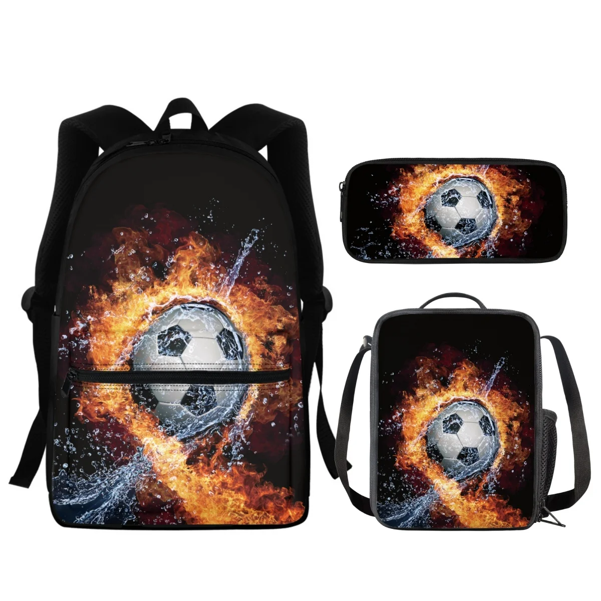 

FORUDESIGNS Flame Football Design Schoolbags Students 3Pcs/Set Pencil Case One Shoulder Lunch Bag School Backpacks Lightweight