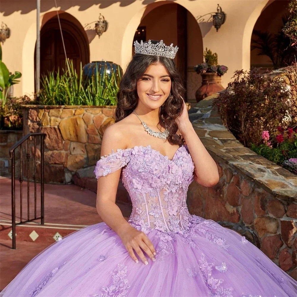 Lilac Quinceanera Dresses Ball Gown Off The Shoulder Floral Lace Sweet 16 Dresses 15 Años Mexican Customized