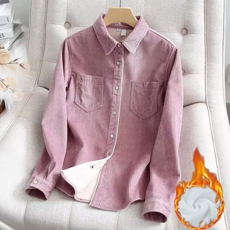 Autumn And Winter New Plus Velvet Padded Soft Corduroy Shirt Women's Casual Korean Version Of The Bottoming Loose Warm Shirt Top