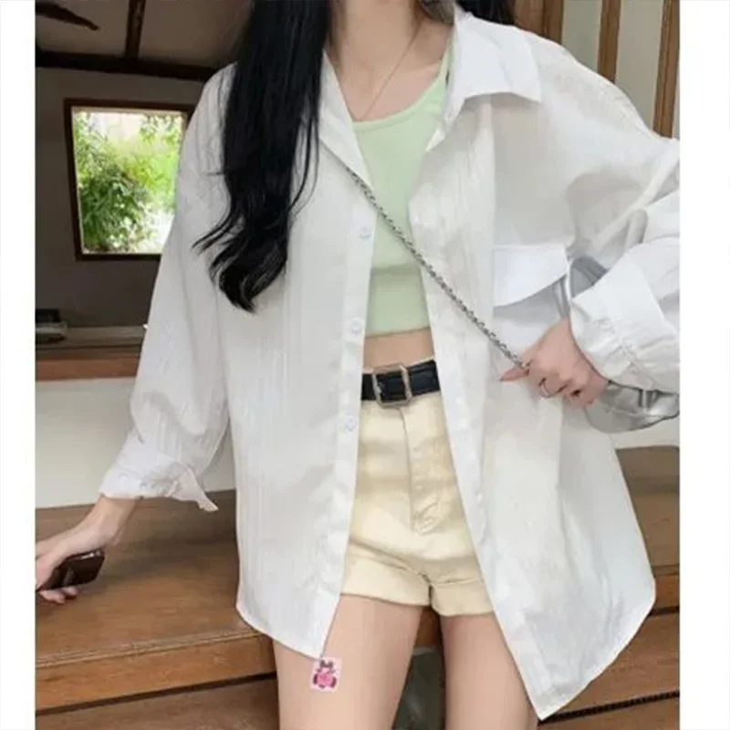 Summer Casual Loose Button Thin Shirt Women Spring Summer Solid Long Sleeve Turn-down Collar Tops Streetwear Chic Cardigan