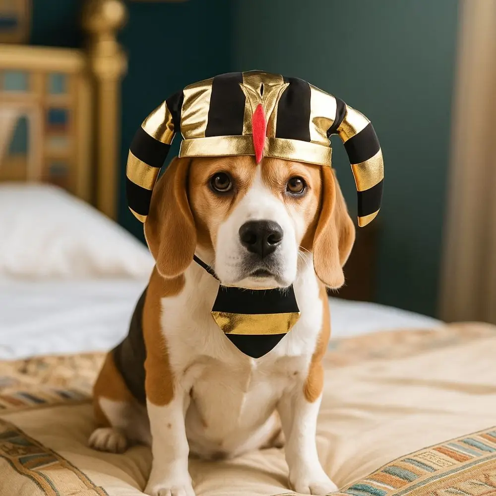 

Cute Pet Egyptian Pharaoh Hat Comfortable Breathable Cat Golden Pharaoh Hat with Bib Adjustable Pet Cosplay Costume