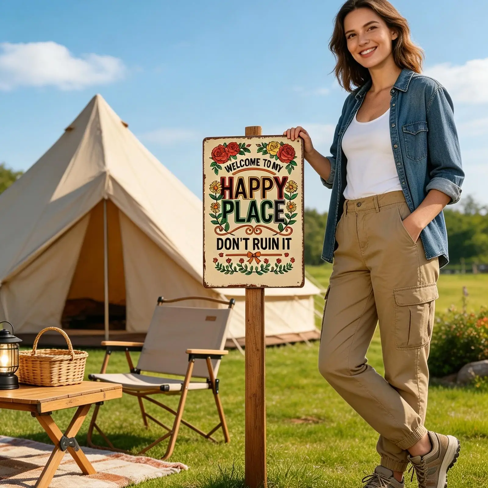 Welcome To My Happy Place Sign Vintage Floral Don't Ruin It Wall Decoration Wall Metal Welcome Poster For Indoor Outdoor Bedroom