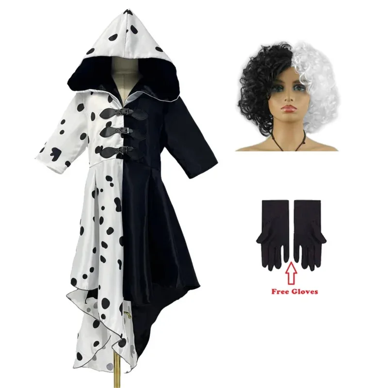 Evil Madame Cruella De Vil Cosplay Halloween Costume for Kids Woman Half Black Half White Wig Girls Princess Summer Night Dress