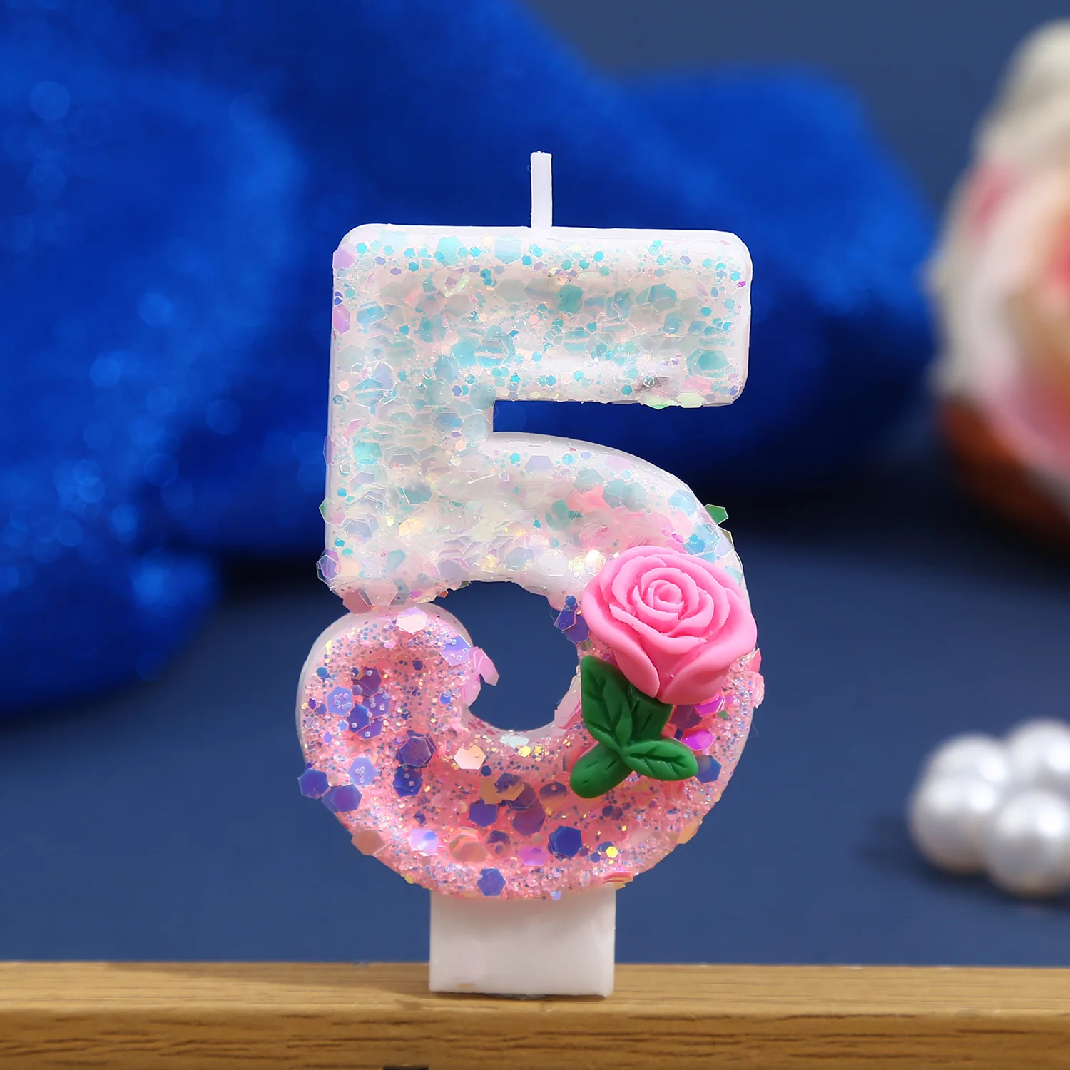 Pink Sequined 0-9 Number Candles, Handcrafted Pink Rose Birthday Candles Festive Party Atmosphere Decoration Dessert Cake Plugin