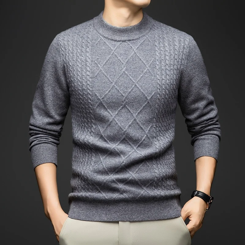 

100% Sheep Wool Plaid Jumper Men Trendy Autumn Winter Cashmere Wool Clothes Fashion Twisted Knit Tops Pullover Warm Sweaters