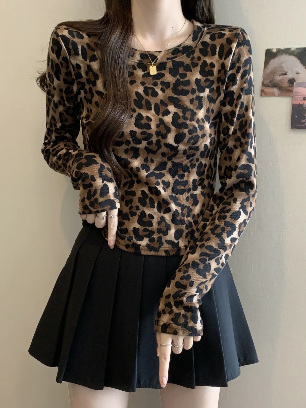 

Женская футболка больших размеров, облегающая, с леопардовым принтом и эффектом тай-дай, с длинными рукавами, модный короткий топ