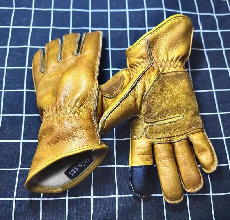 Handmade Vintage Leather Motorcycle Racing Glove Guantes Moto Luvas Full Finger Motocross MTB Biker Gloves Touchscreen Glove