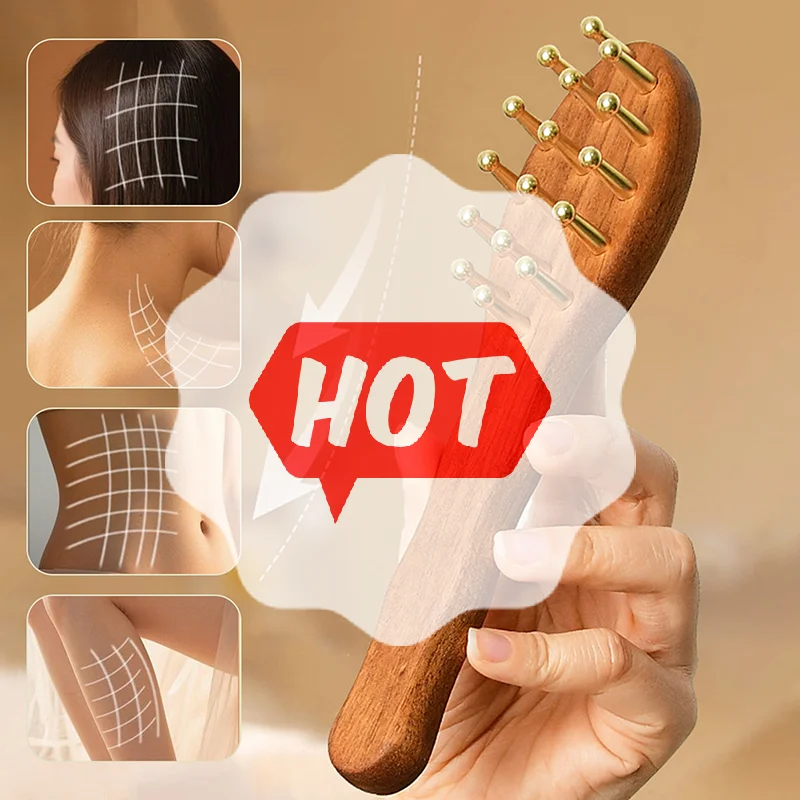 

Массаж головы и инструмент Гуа Ша Латунная массажная расческа с длинной ручкой Расческа меридиана головы Утолщенная широкая расческа из сандалового дерева с золотой проволокой