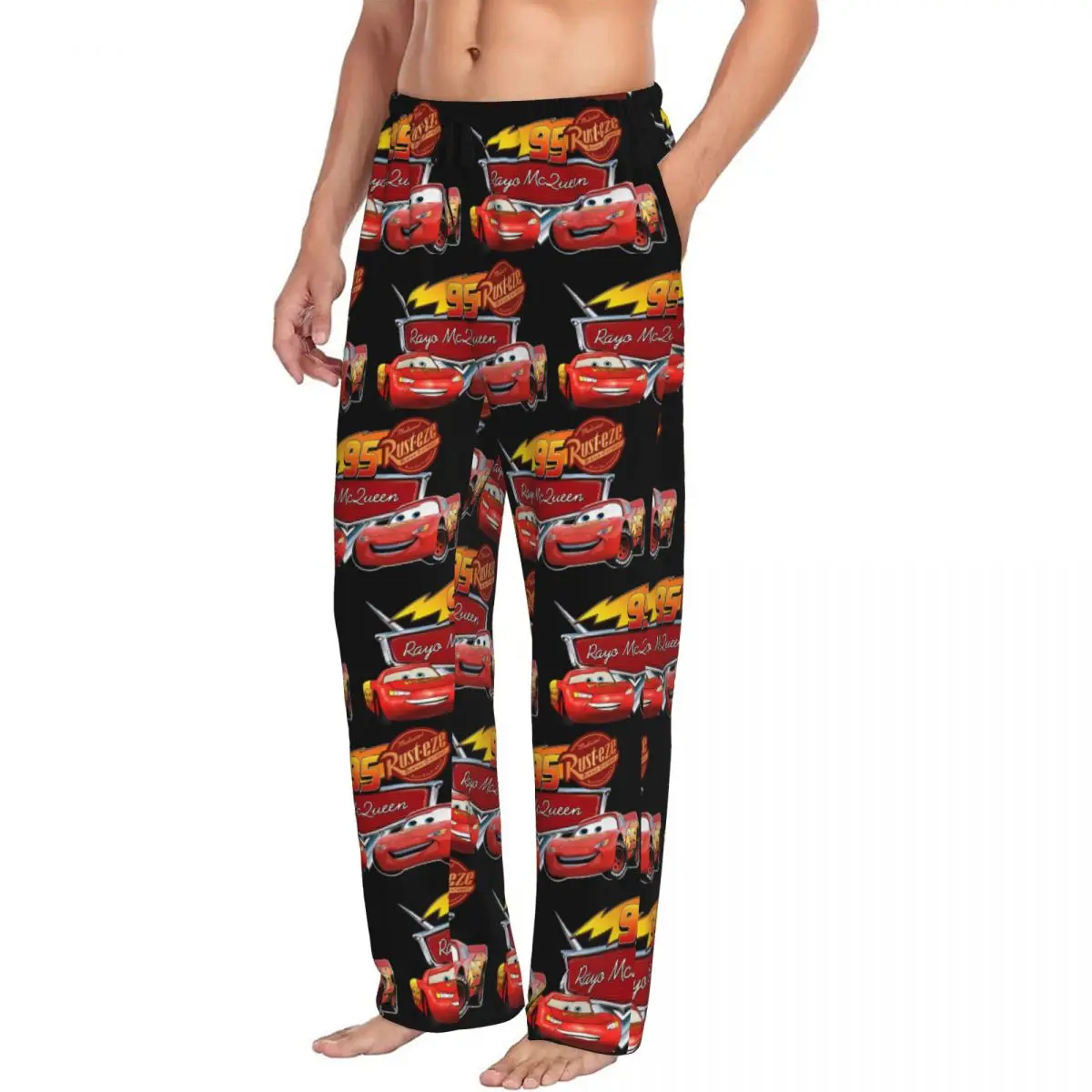 Custom Lightning McQueen Pajama Pants Sleepwear Men Elastic Waistband Cartoon Sleep Lounge Bottoms with Pockets